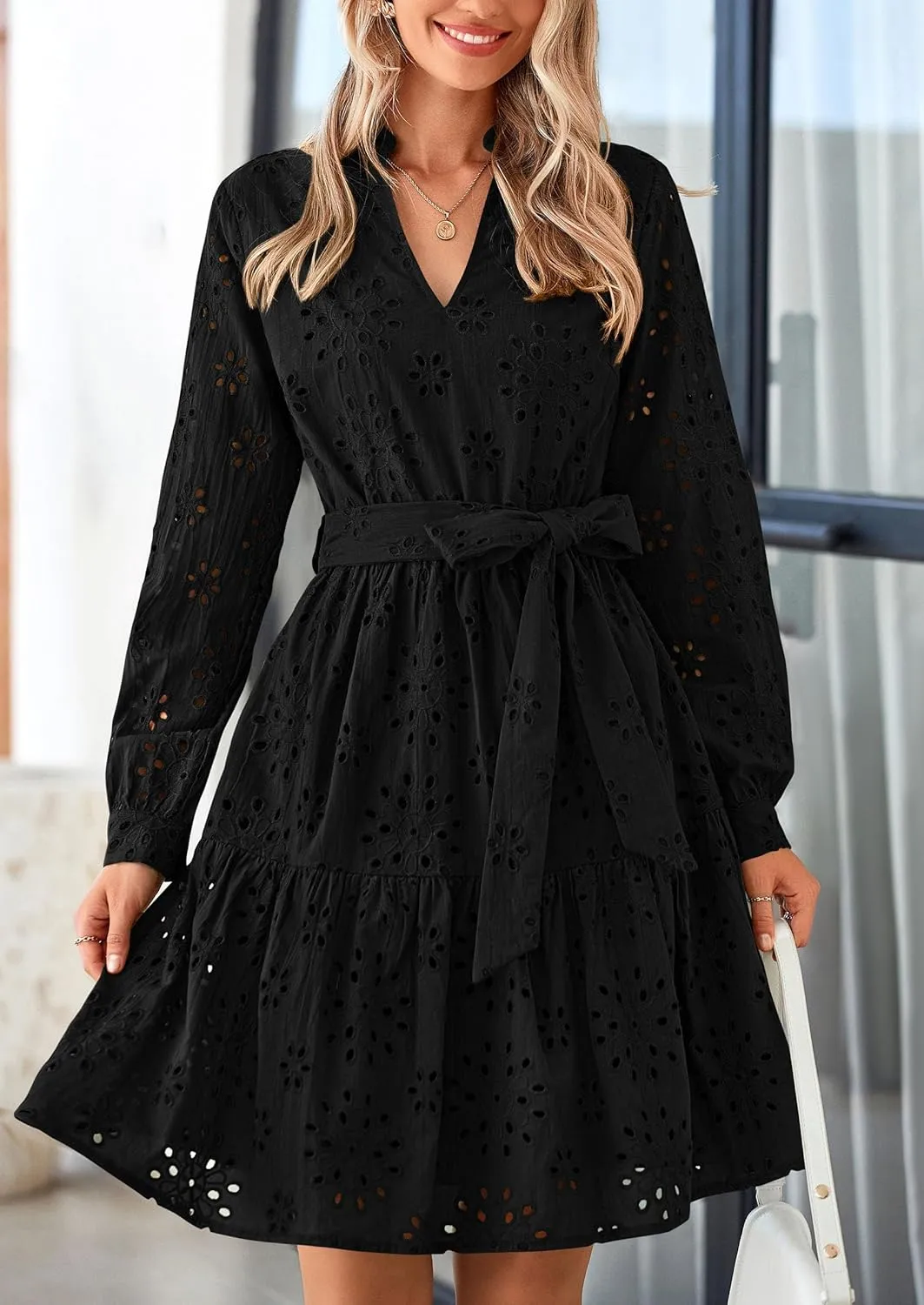 PRETTYGARDEN Women's Long Sleeve Spring Dress 2025 Casual Fall V Neck A Line Hollow Out Eyelet Wedding Guest Short Dresses
