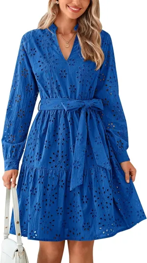 PRETTYGARDEN Women's Long Sleeve Spring Dress 2025 Casual Fall V Neck A Line Hollow Out Eyelet Wedding Guest Short Dresses