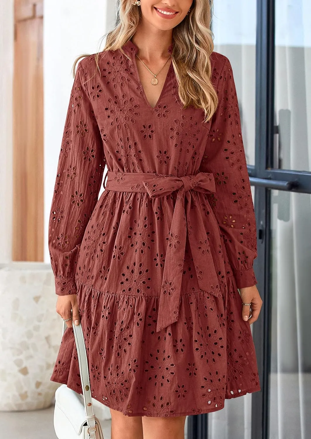 PRETTYGARDEN Women's Long Sleeve Spring Dress 2025 Casual Fall V Neck A Line Hollow Out Eyelet Wedding Guest Short Dresses