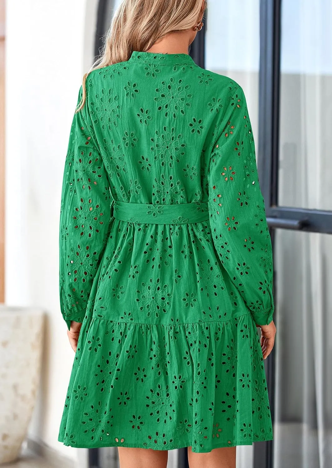PRETTYGARDEN Women's Long Sleeve Spring Dress 2025 Casual Fall V Neck A Line Hollow Out Eyelet Wedding Guest Short Dresses
