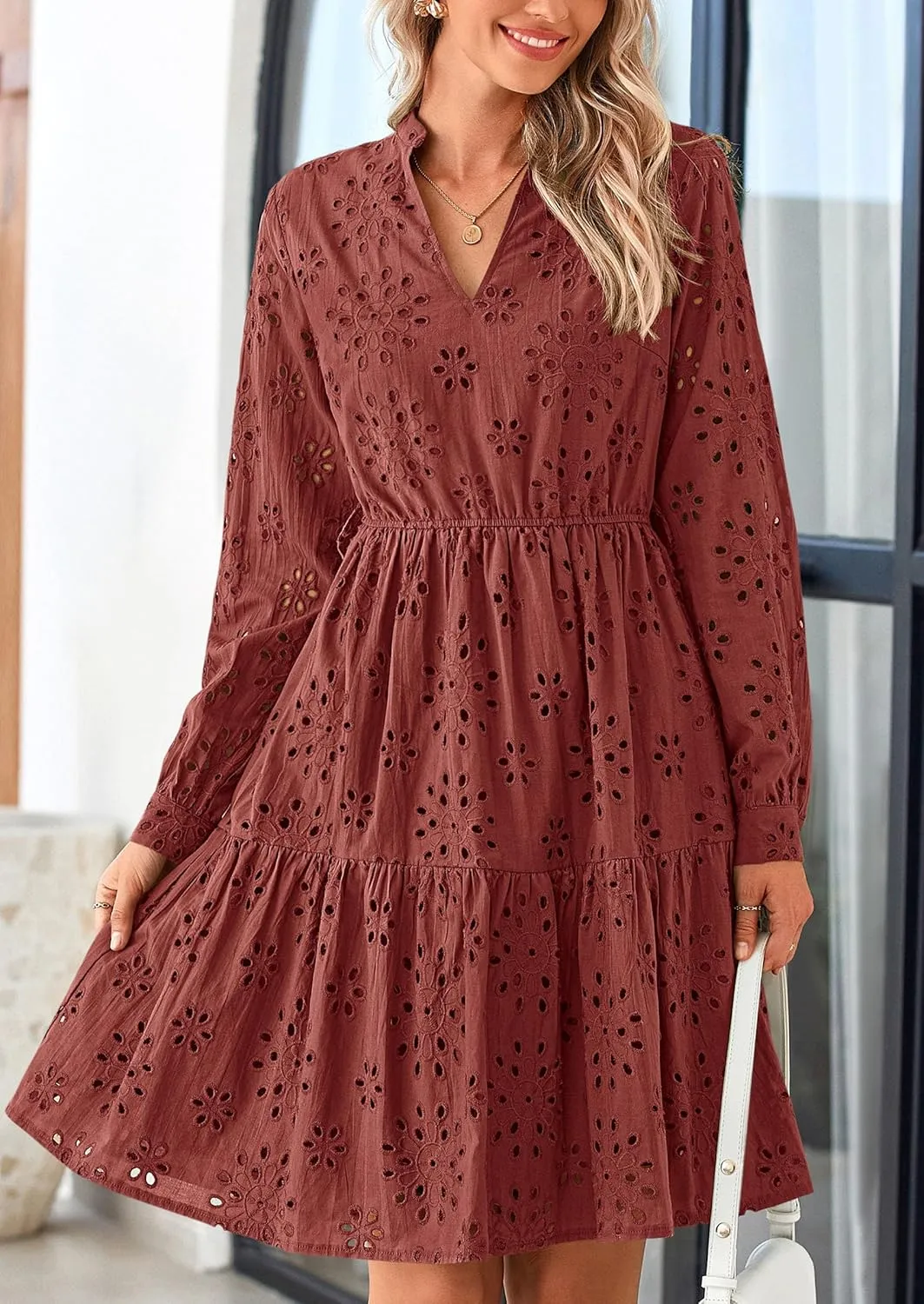 PRETTYGARDEN Women's Long Sleeve Spring Dress 2025 Casual Fall V Neck A Line Hollow Out Eyelet Wedding Guest Short Dresses