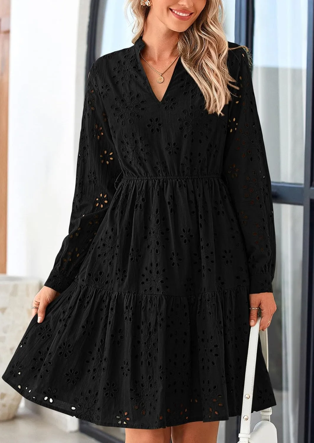 PRETTYGARDEN Women's Long Sleeve Spring Dress 2025 Casual Fall V Neck A Line Hollow Out Eyelet Wedding Guest Short Dresses