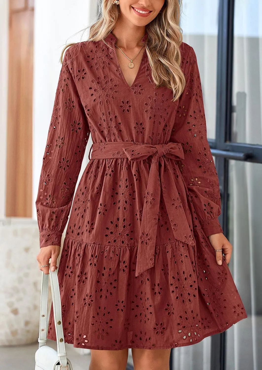 PRETTYGARDEN Women's Long Sleeve Spring Dress 2025 Casual Fall V Neck A Line Hollow Out Eyelet Wedding Guest Short Dresses