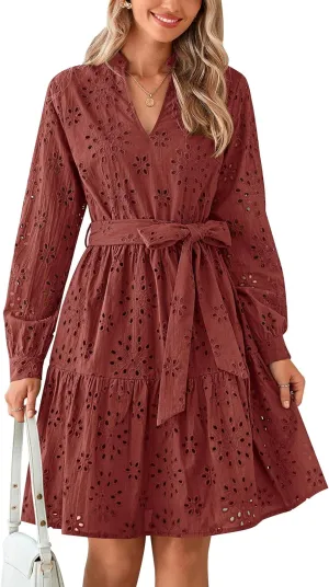 PRETTYGARDEN Women's Long Sleeve Spring Dress 2025 Casual Fall V Neck A Line Hollow Out Eyelet Wedding Guest Short Dresses