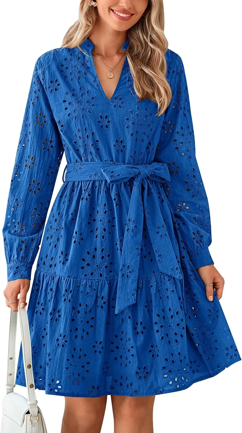 PRETTYGARDEN Women's Long Sleeve Spring Dress 2025 Casual Fall V Neck A Line Hollow Out Eyelet Wedding Guest Short Dresses