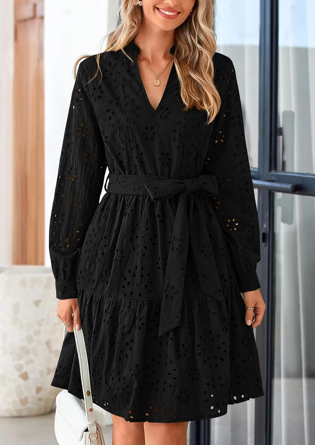 PRETTYGARDEN Women's Long Sleeve Spring Dress 2025 Casual Fall V Neck A Line Hollow Out Eyelet Wedding Guest Short Dresses