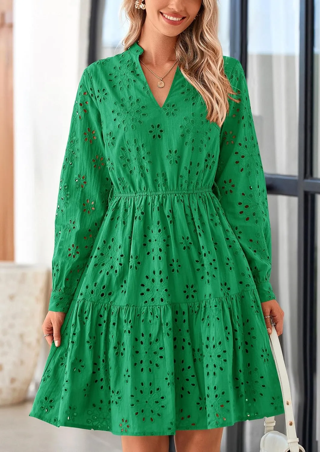 PRETTYGARDEN Women's Long Sleeve Spring Dress 2025 Casual Fall V Neck A Line Hollow Out Eyelet Wedding Guest Short Dresses