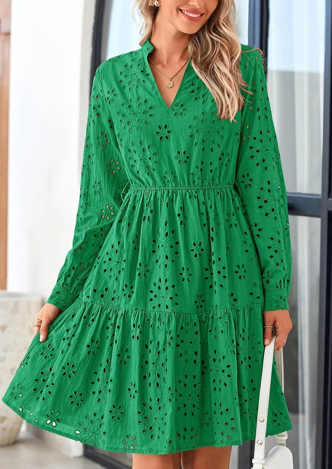 PRETTYGARDEN Women's Long Sleeve Spring Dress 2025 Casual Fall V Neck A Line Hollow Out Eyelet Wedding Guest Short Dresses