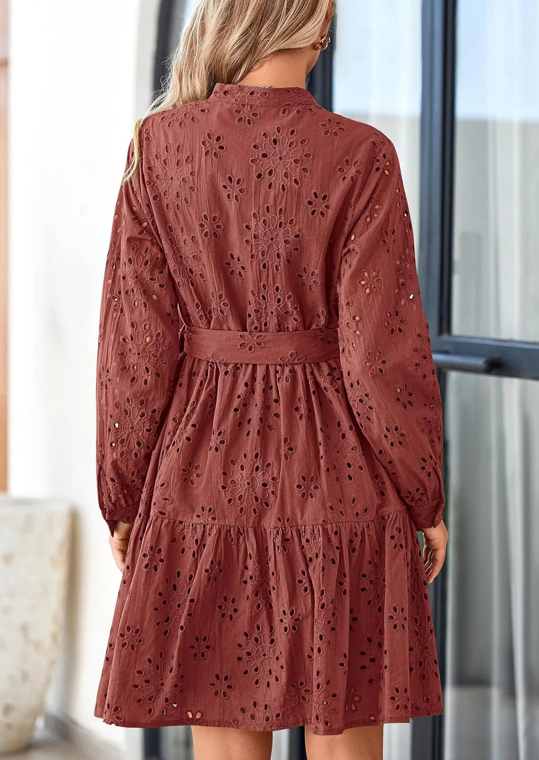 PRETTYGARDEN Women's Long Sleeve Spring Dress 2025 Casual Fall V Neck A Line Hollow Out Eyelet Wedding Guest Short Dresses