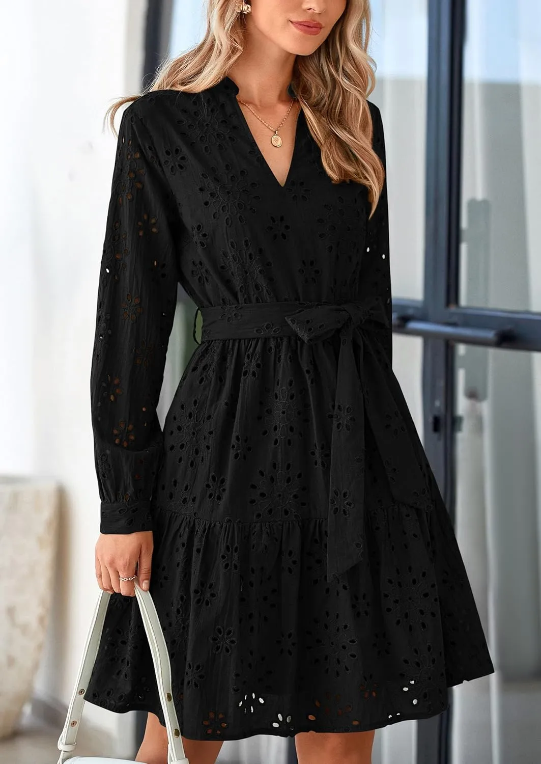 PRETTYGARDEN Women's Long Sleeve Spring Dress 2025 Casual Fall V Neck A Line Hollow Out Eyelet Wedding Guest Short Dresses