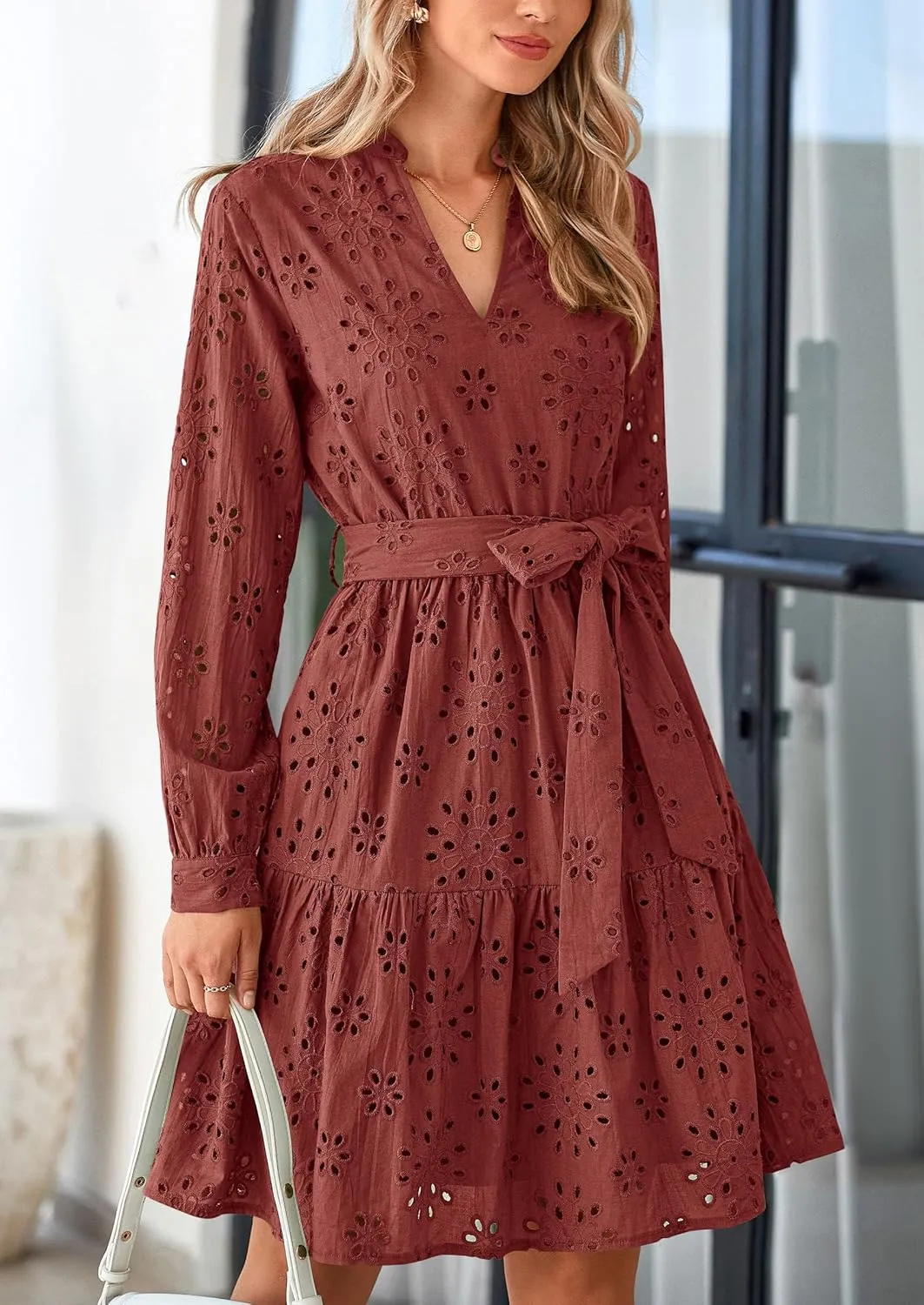 PRETTYGARDEN Women's Long Sleeve Spring Dress 2025 Casual Fall V Neck A Line Hollow Out Eyelet Wedding Guest Short Dresses