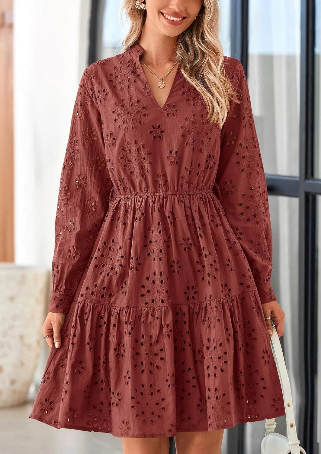 PRETTYGARDEN Women's Long Sleeve Spring Dress 2025 Casual Fall V Neck A Line Hollow Out Eyelet Wedding Guest Short Dresses