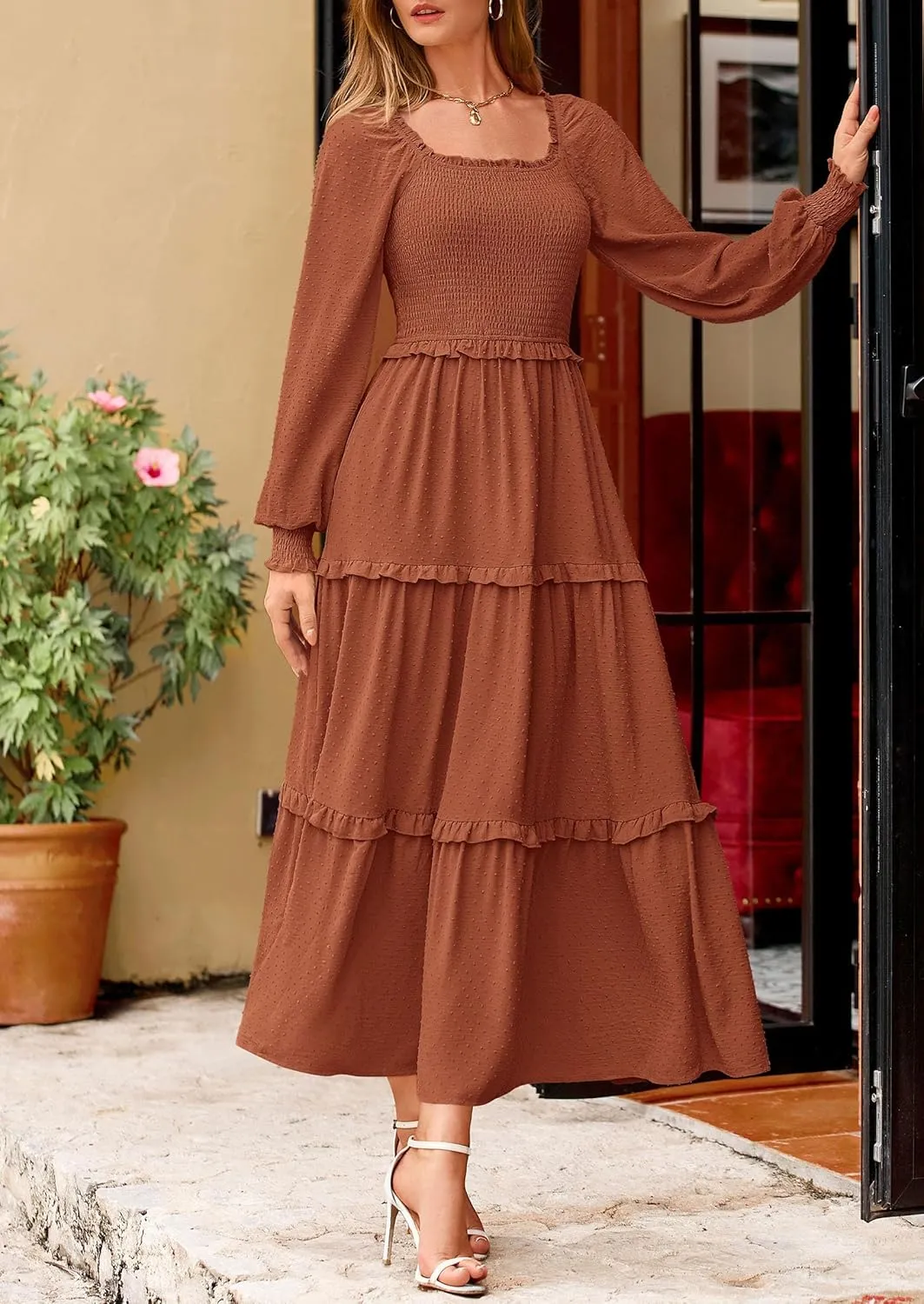 PRETTYGARDEN Women's Spring Long Sleeve Smocked Maxi Dress Casual Square Neck Swiss Dot Tiered Ruffle Flowy Pocket Dresses