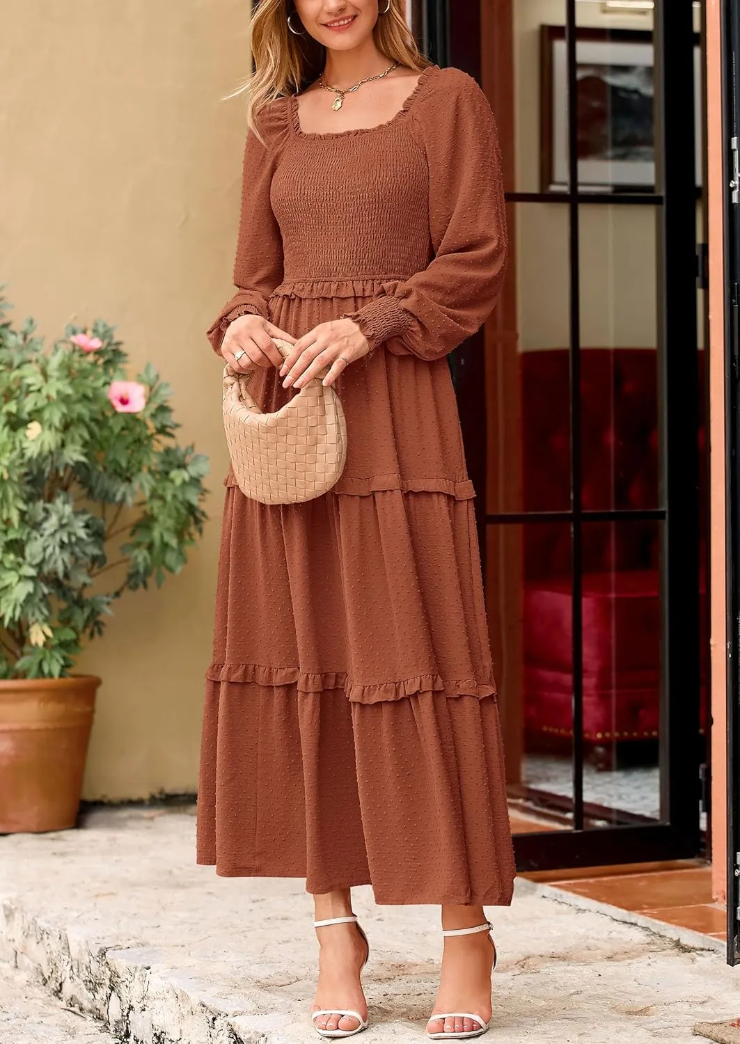 PRETTYGARDEN Women's Spring Long Sleeve Smocked Maxi Dress Casual Square Neck Swiss Dot Tiered Ruffle Flowy Pocket Dresses