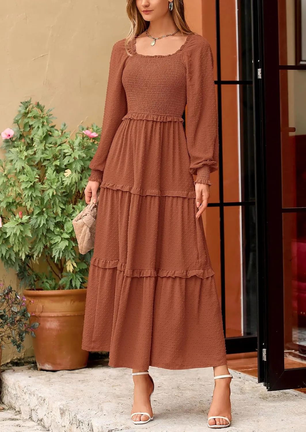 PRETTYGARDEN Women's Spring Long Sleeve Smocked Maxi Dress Casual Square Neck Swiss Dot Tiered Ruffle Flowy Pocket Dresses