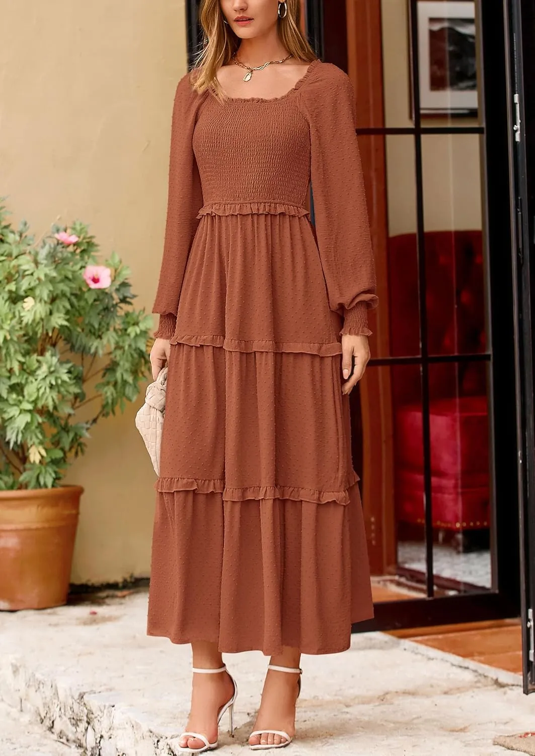 PRETTYGARDEN Women's Spring Long Sleeve Smocked Maxi Dress Casual Square Neck Swiss Dot Tiered Ruffle Flowy Pocket Dresses