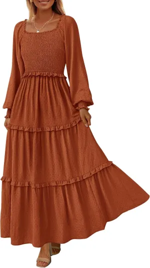 PRETTYGARDEN Women's Spring Long Sleeve Smocked Maxi Dress Casual Square Neck Swiss Dot Tiered Ruffle Flowy Pocket Dresses