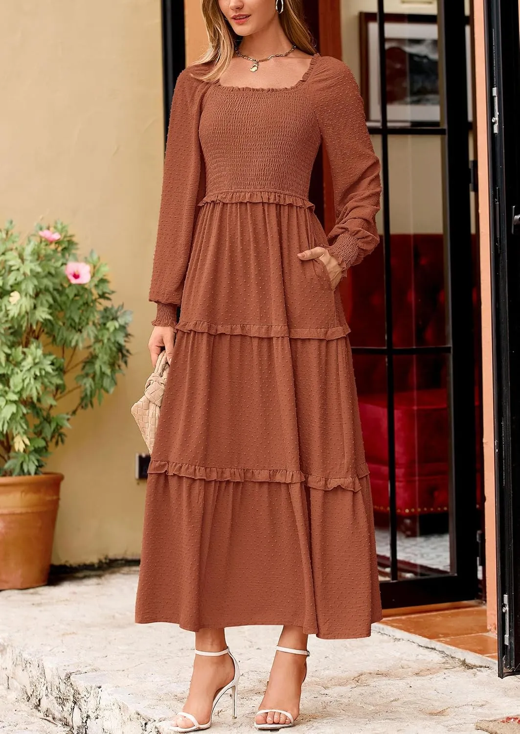 PRETTYGARDEN Women's Spring Long Sleeve Smocked Maxi Dress Casual Square Neck Swiss Dot Tiered Ruffle Flowy Pocket Dresses