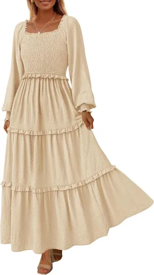 PRETTYGARDEN Women's Spring Long Sleeve Smocked Maxi Dress Casual Square Neck Swiss Dot Tiered Ruffle Flowy Pocket Dresses