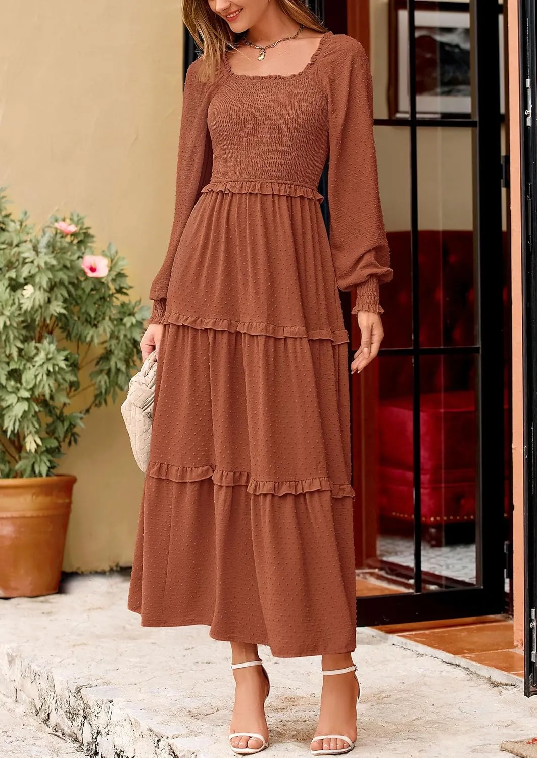 PRETTYGARDEN Women's Spring Long Sleeve Smocked Maxi Dress Casual Square Neck Swiss Dot Tiered Ruffle Flowy Pocket Dresses