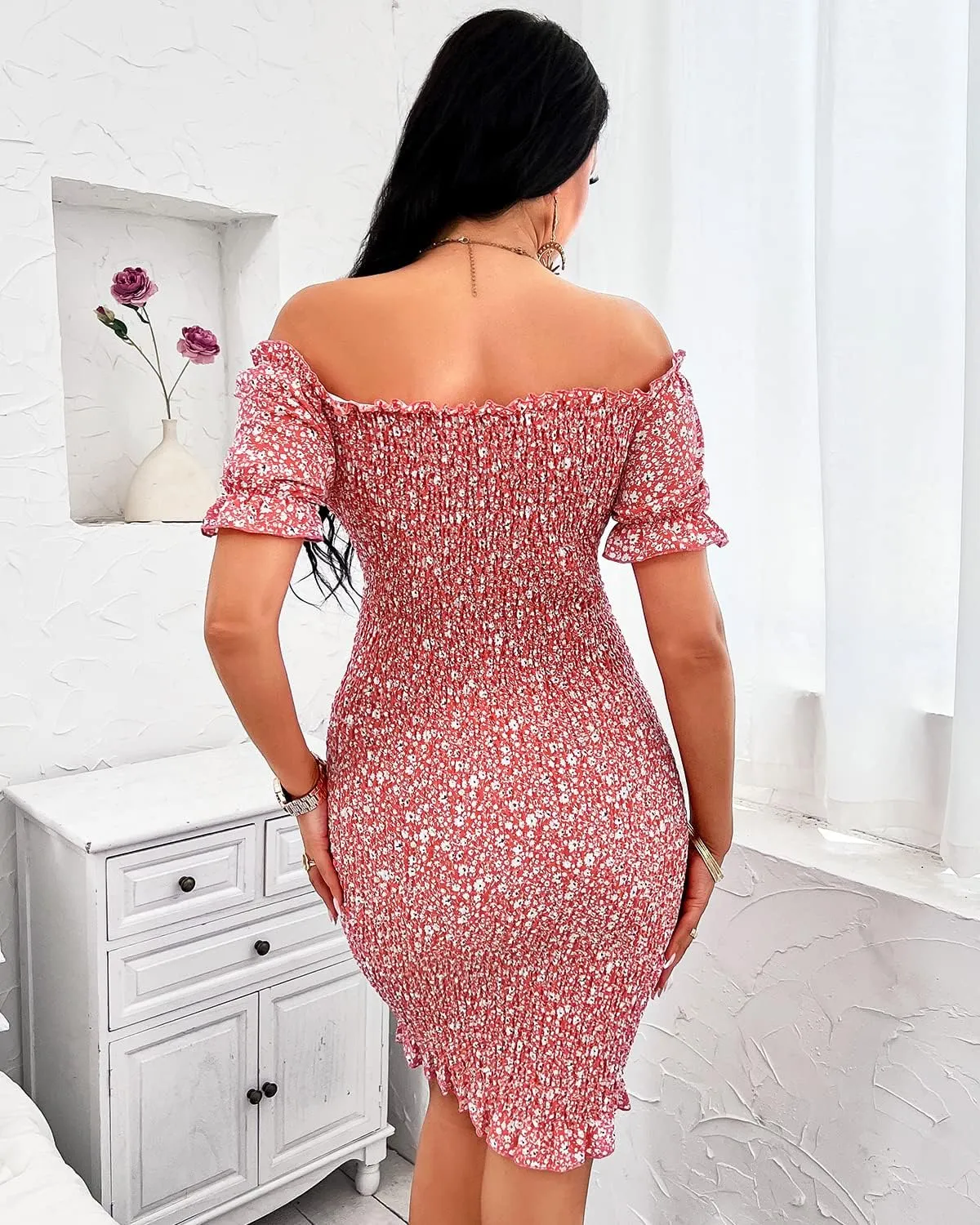 PRETTYGARDEN Women's Summer Off Shoulder Bodycon Dresses Short Sleeve Drawstring Sexy Mini Party Club Smocked Dress