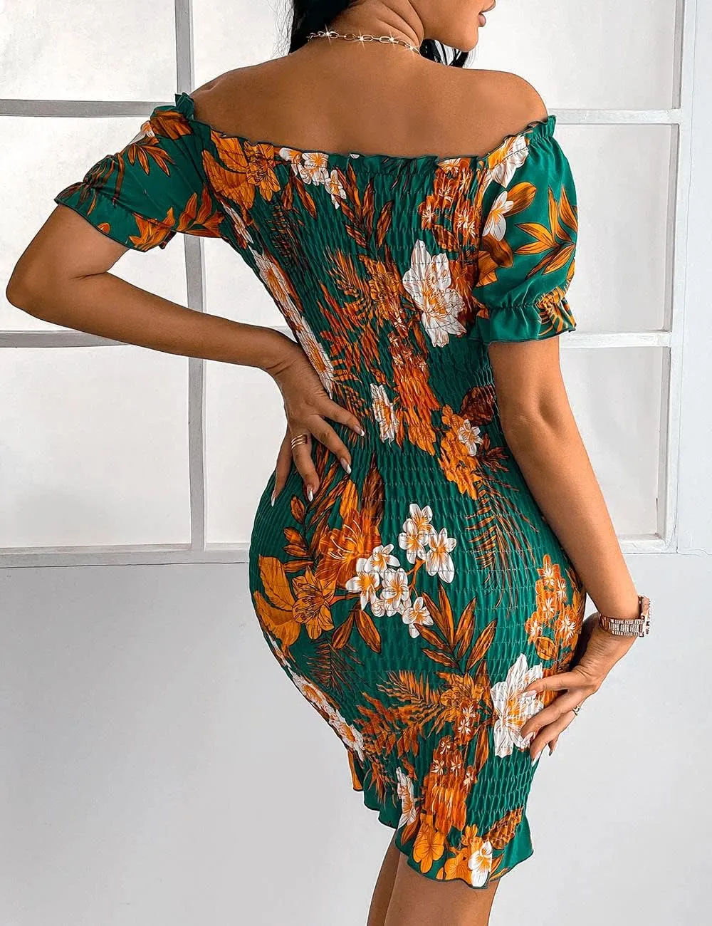 PRETTYGARDEN Women's Summer Off Shoulder Bodycon Dresses Short Sleeve Drawstring Sexy Mini Party Club Smocked Dress