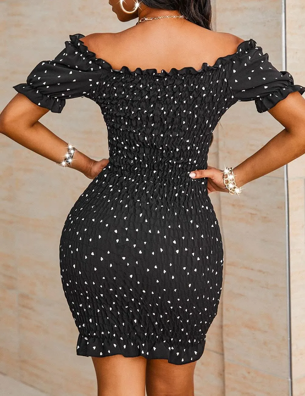 PRETTYGARDEN Women's Summer Off Shoulder Bodycon Dresses Short Sleeve Drawstring Sexy Mini Party Club Smocked Dress
