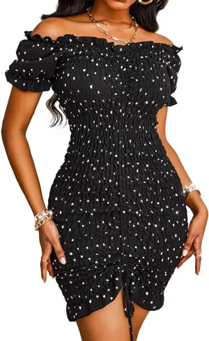 PRETTYGARDEN Women's Summer Off Shoulder Bodycon Dresses Short Sleeve Drawstring Sexy Mini Party Club Smocked Dress