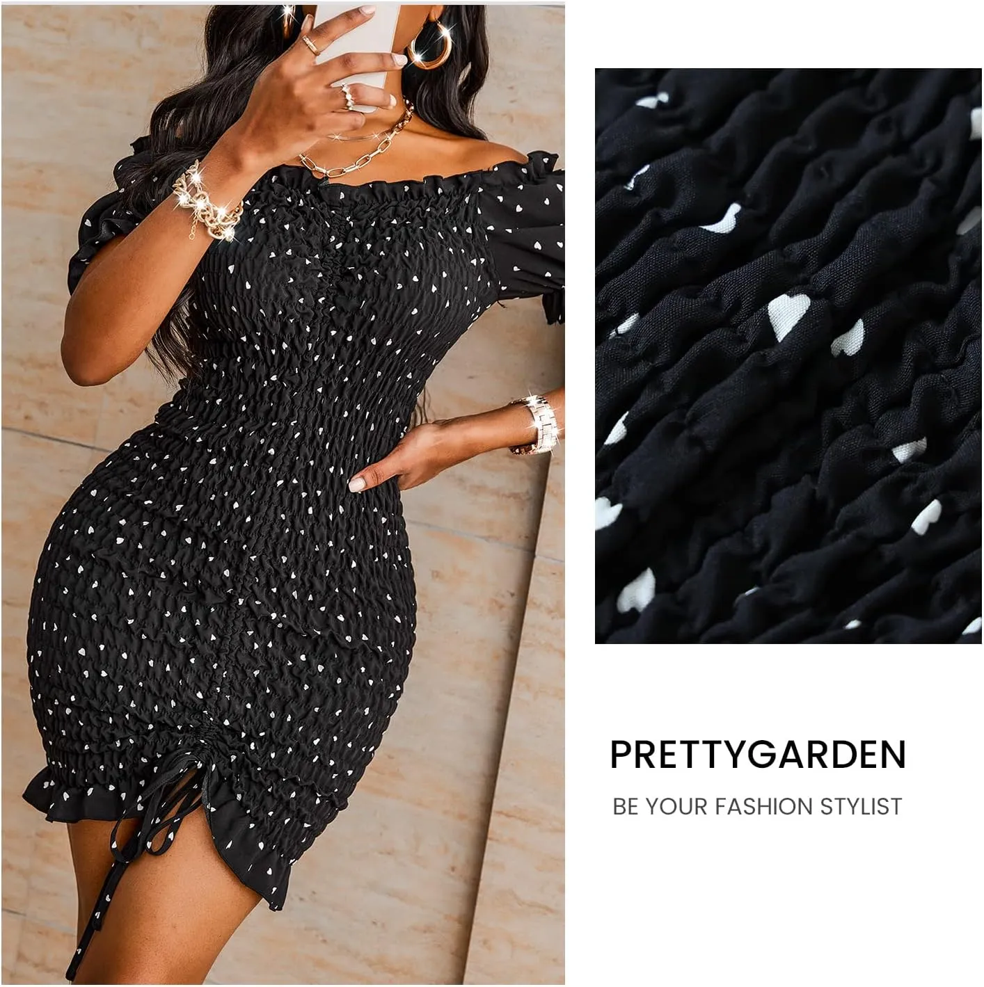 PRETTYGARDEN Women's Summer Off Shoulder Bodycon Dresses Short Sleeve Drawstring Sexy Mini Party Club Smocked Dress