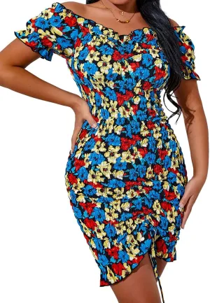 PRETTYGARDEN Women's Summer Off Shoulder Bodycon Dresses Short Sleeve Drawstring Sexy Mini Party Club Smocked Dress