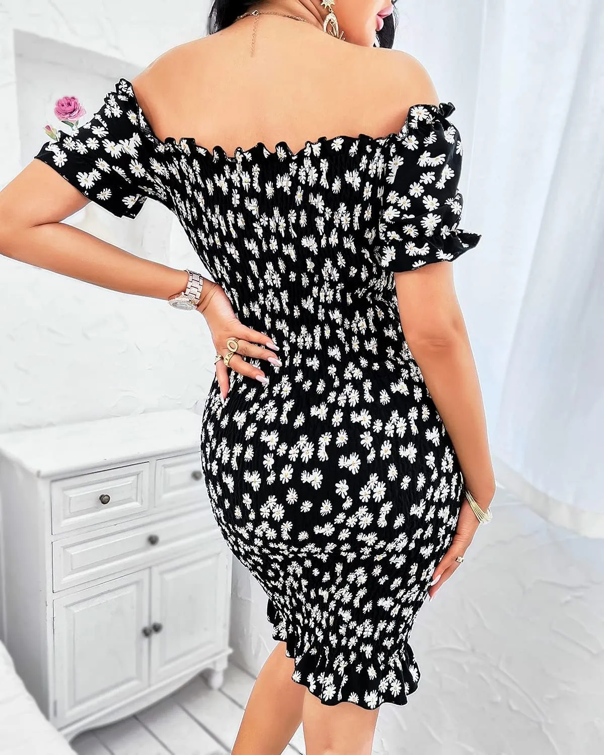 PRETTYGARDEN Women's Summer Off Shoulder Bodycon Dresses Short Sleeve Drawstring Sexy Mini Party Club Smocked Dress