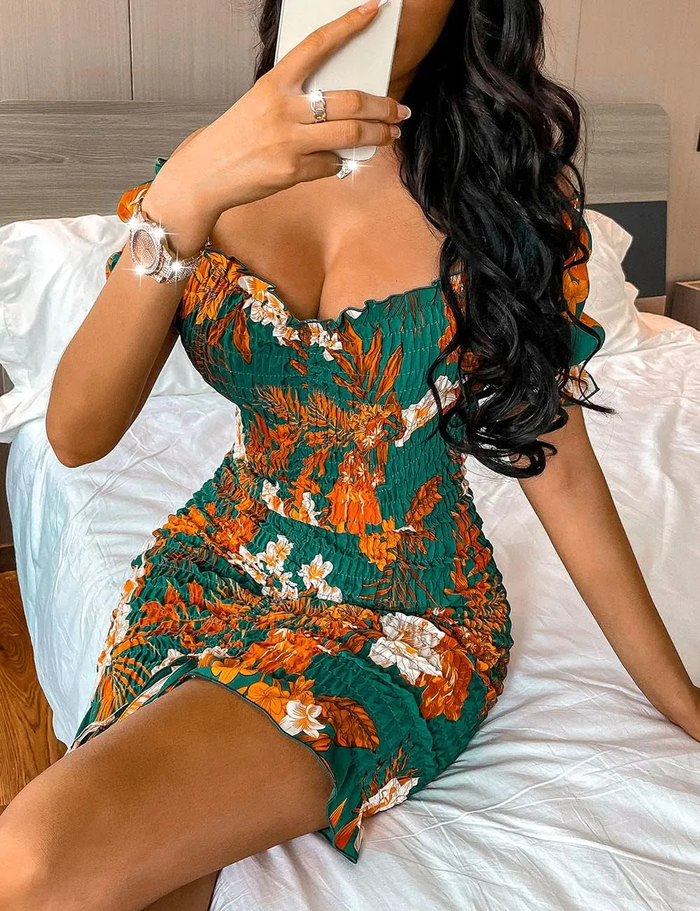 PRETTYGARDEN Women's Summer Off Shoulder Bodycon Dresses Short Sleeve Drawstring Sexy Mini Party Club Smocked Dress