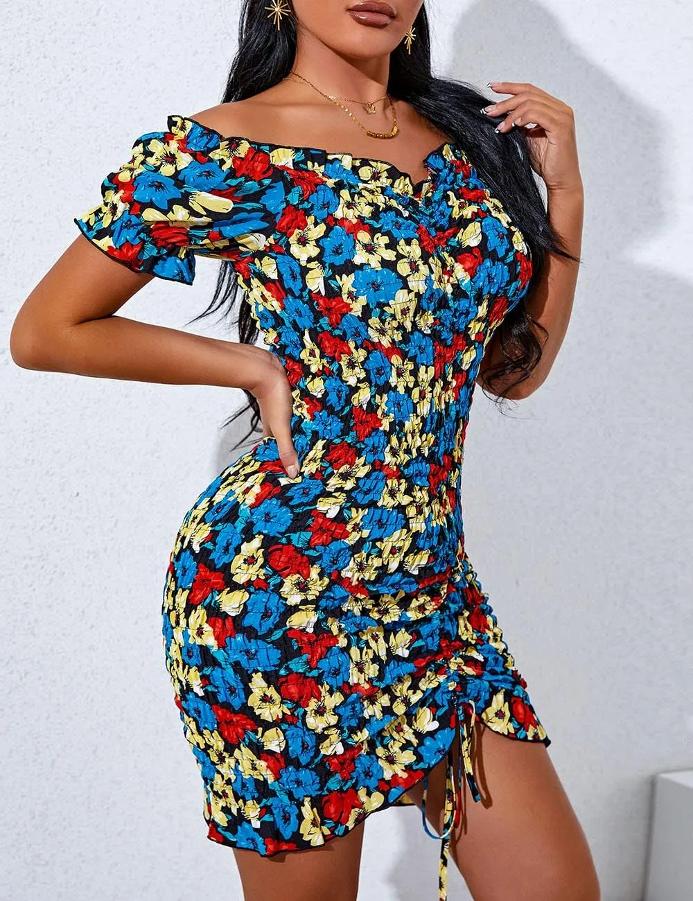 PRETTYGARDEN Women's Summer Off Shoulder Bodycon Dresses Short Sleeve Drawstring Sexy Mini Party Club Smocked Dress