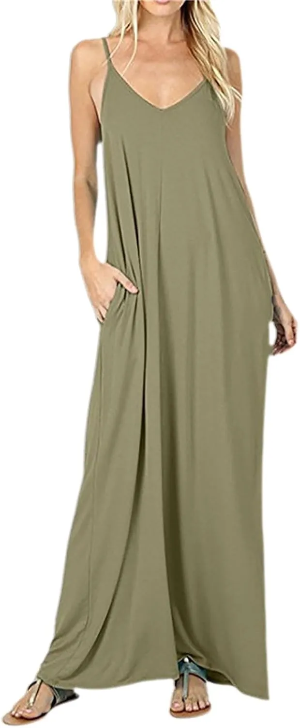 PTOLOCIF Women's Solid Color Loose Pocket Long Skirt Vest Dress Sexy Suspender Skirt Womens Long Sleeve Loose Plain Long