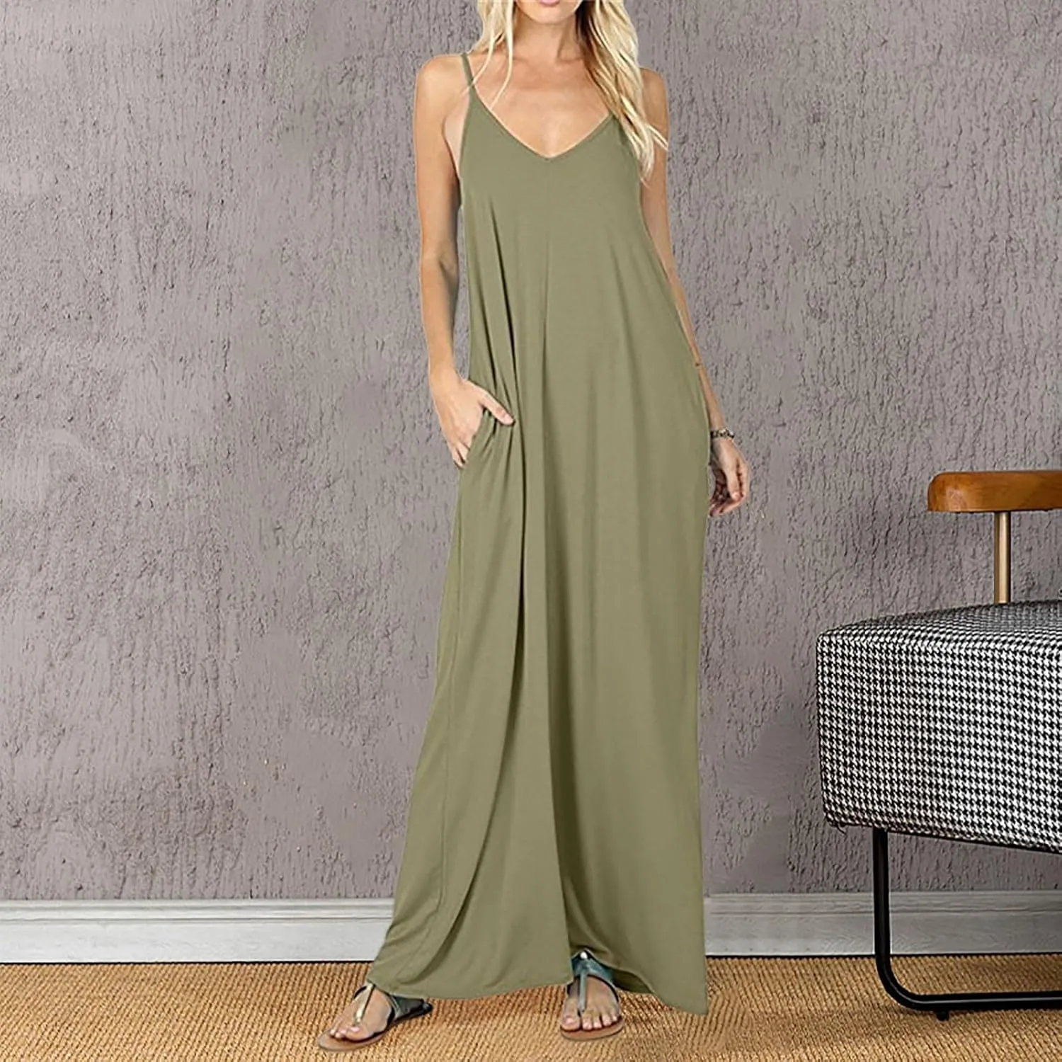 PTOLOCIF Women's Solid Color Loose Pocket Long Skirt Vest Dress Sexy Suspender Skirt Womens Long Sleeve Loose Plain Long