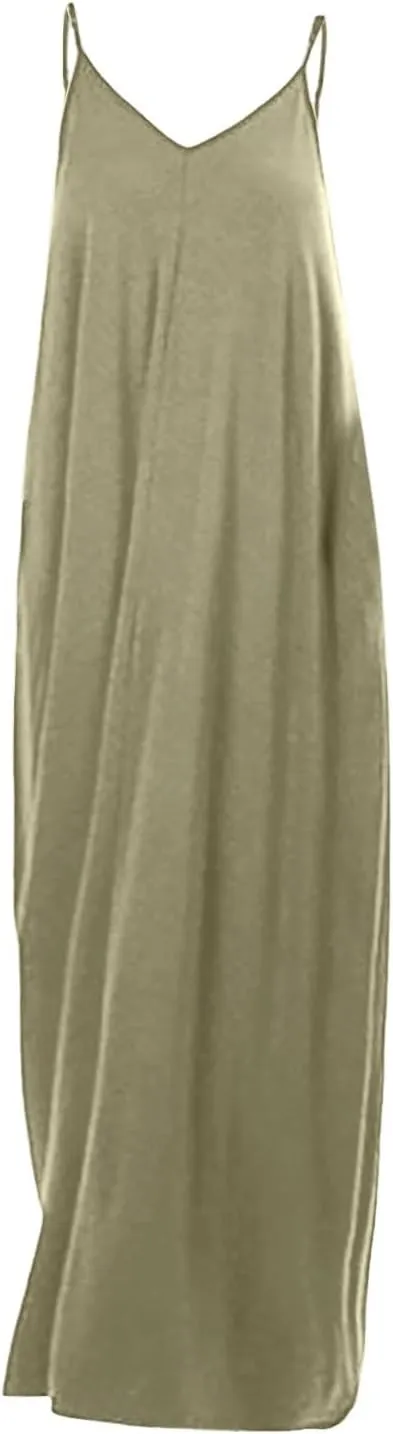 PTOLOCIF Women's Solid Color Loose Pocket Long Skirt Vest Dress Sexy Suspender Skirt Womens Long Sleeve Loose Plain Long