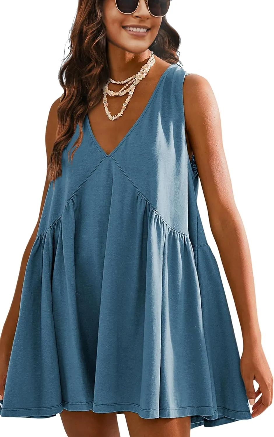 Qiaomai Womens Summer Casual Sleeveless Tank Dress V Neck Mini Dresses Beach Sundress