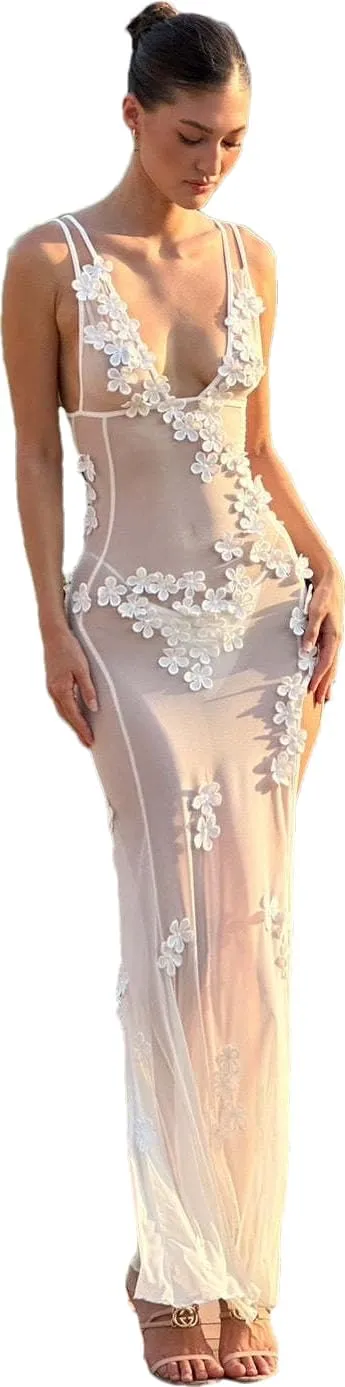 RanRui Women's lace 3D Flower Maxi Dress Deep V Sexy Backless Suspender Skirt mesh Perspective Three-Dimensional Flower Dress