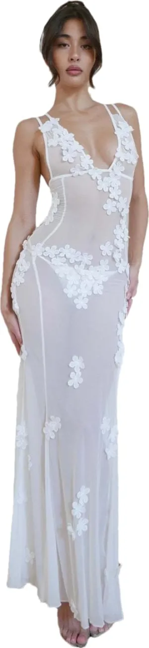 RanRui Women's lace 3D Flower Maxi Dress Deep V Sexy Backless Suspender Skirt mesh Perspective Three-Dimensional Flower Dress