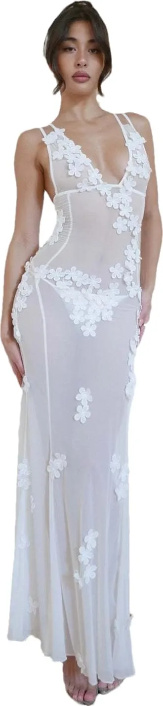 RanRui Women's lace 3D Flower Maxi Dress Deep V Sexy Backless Suspender Skirt mesh Perspective Three-Dimensional Flower Dress