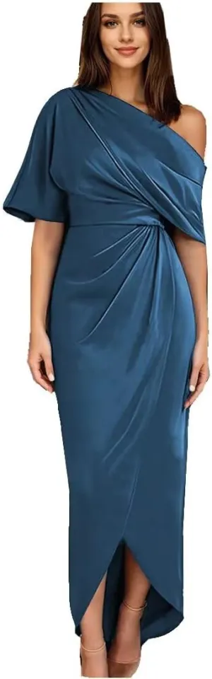 Raseal Women's One Shoulder Satin Mother of The Bride Dress with Sleeves Tea Length Fromal Evening Dress RS088