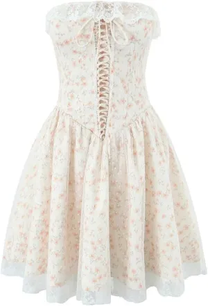 REHJJDFD Women's Floral Print Mesh Strapless Mini Dresses Front Lace Up Party Dresses