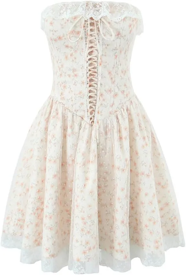 REHJJDFD Women's Floral Print Mesh Strapless Mini Dresses Front Lace Up Party Dresses