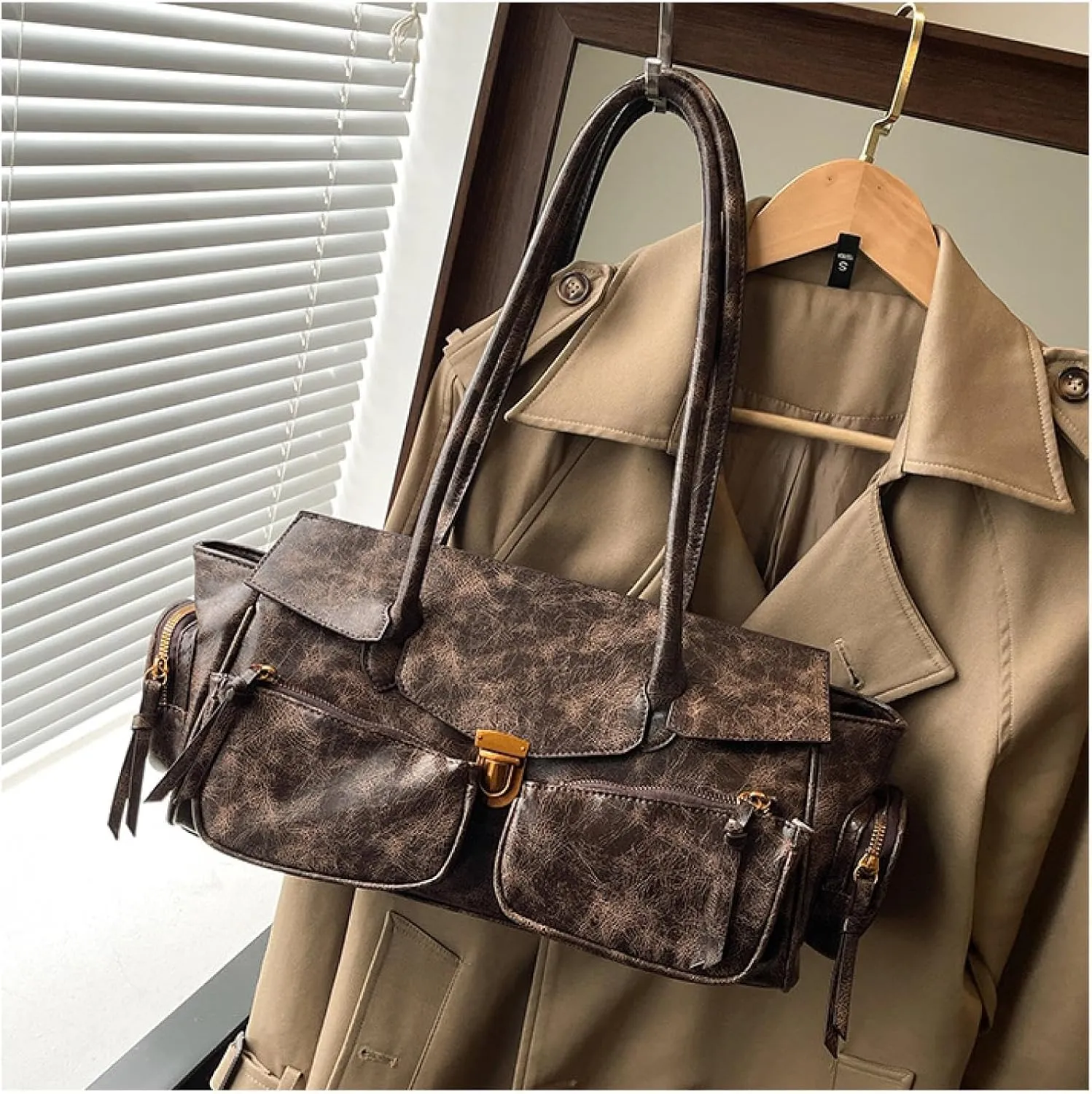 Retro Large Capacity Multi-functional Tote Bag Y2k Women's Shoulder Bag with Multiple Pockets Aesthetic Cool Punk Hobo Walle