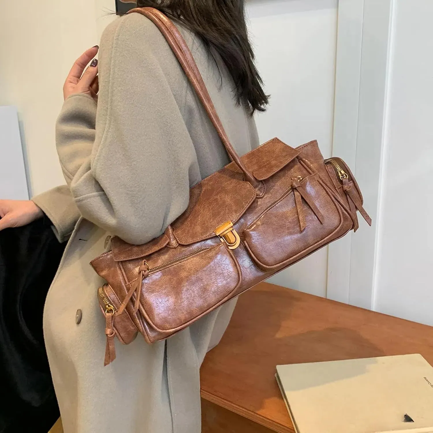 Retro Large Capacity Multi-functional Tote Bag Y2k Women's Shoulder Bag with Multiple Pockets Aesthetic Cool Punk Hobo Walle