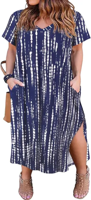 RITERA Plus Size Dresses for Women V Neck Casual Loose Pocket Short Sleeve Slits Maxi T Shirt Dress Summer Sundress XL-5XL