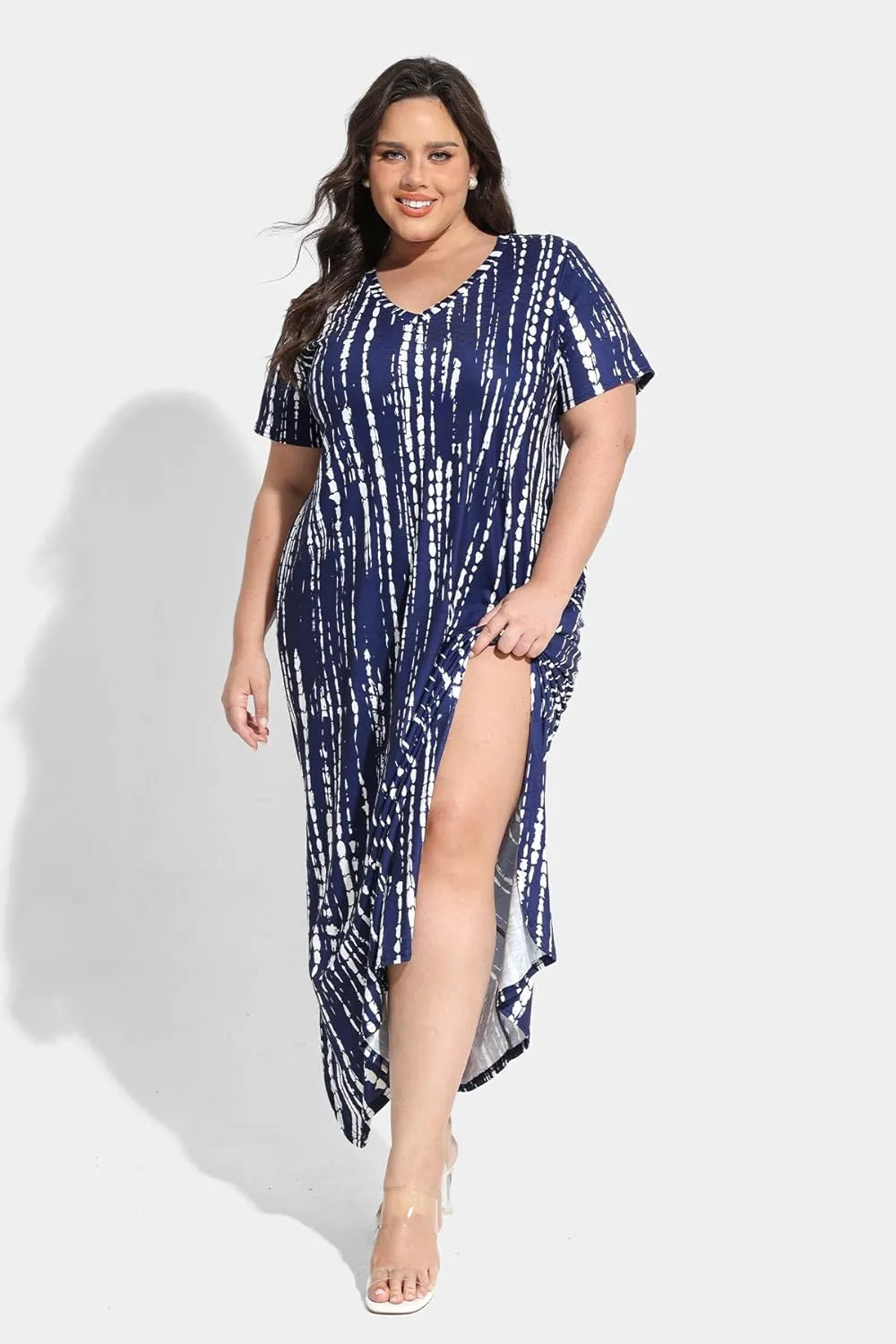 RITERA Plus Size Dresses for Women V Neck Casual Loose Pocket Short Sleeve Slits Maxi T Shirt Dress Summer Sundress XL-5XL