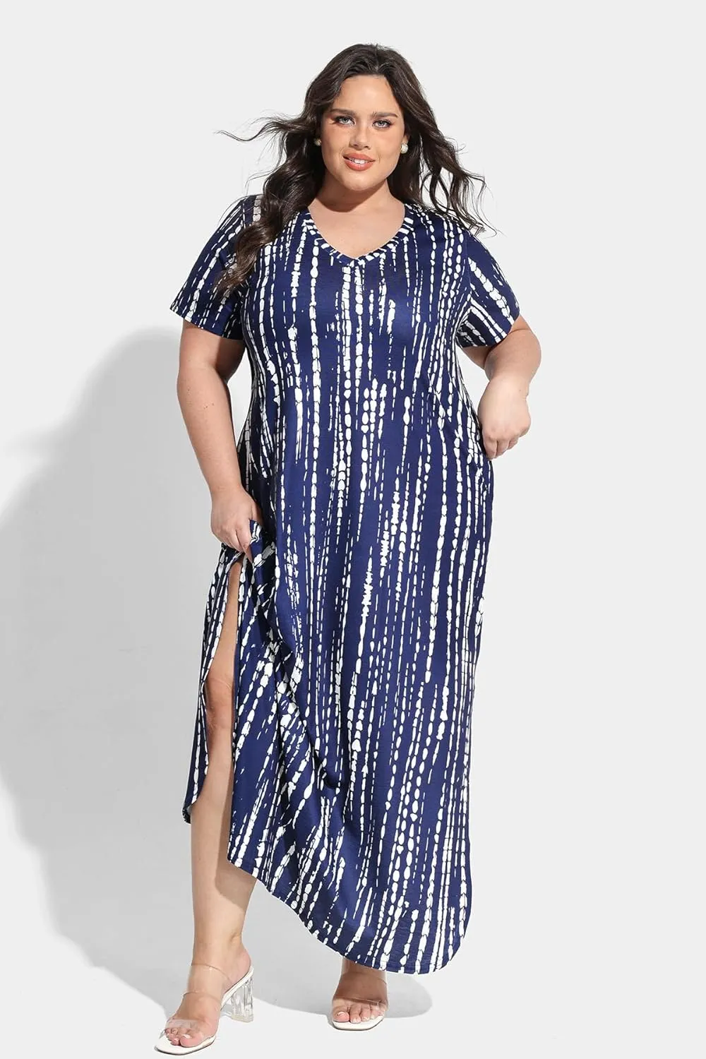 RITERA Plus Size Dresses for Women V Neck Casual Loose Pocket Short Sleeve Slits Maxi T Shirt Dress Summer Sundress XL-5XL