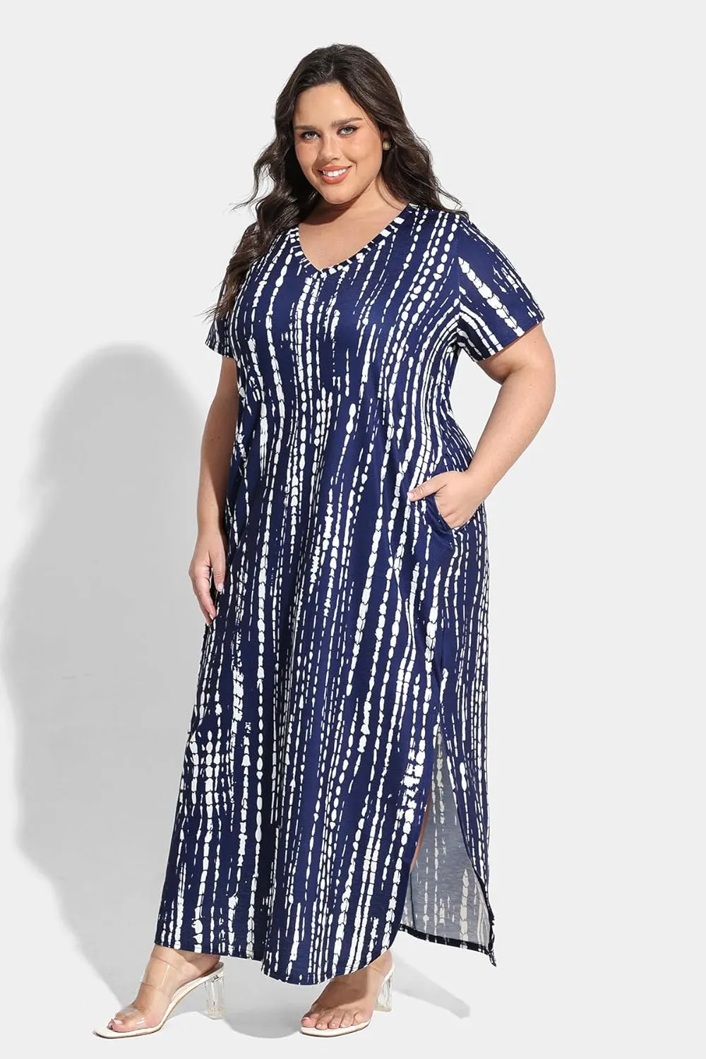 RITERA Plus Size Dresses for Women V Neck Casual Loose Pocket Short Sleeve Slits Maxi T Shirt Dress Summer Sundress XL-5XL