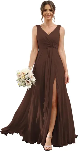 RSOETOO Chiffon Bridesmaid Dresses with Pockets A-line Ruffles Long Chiffon Formal Party Dress with Slit RO056